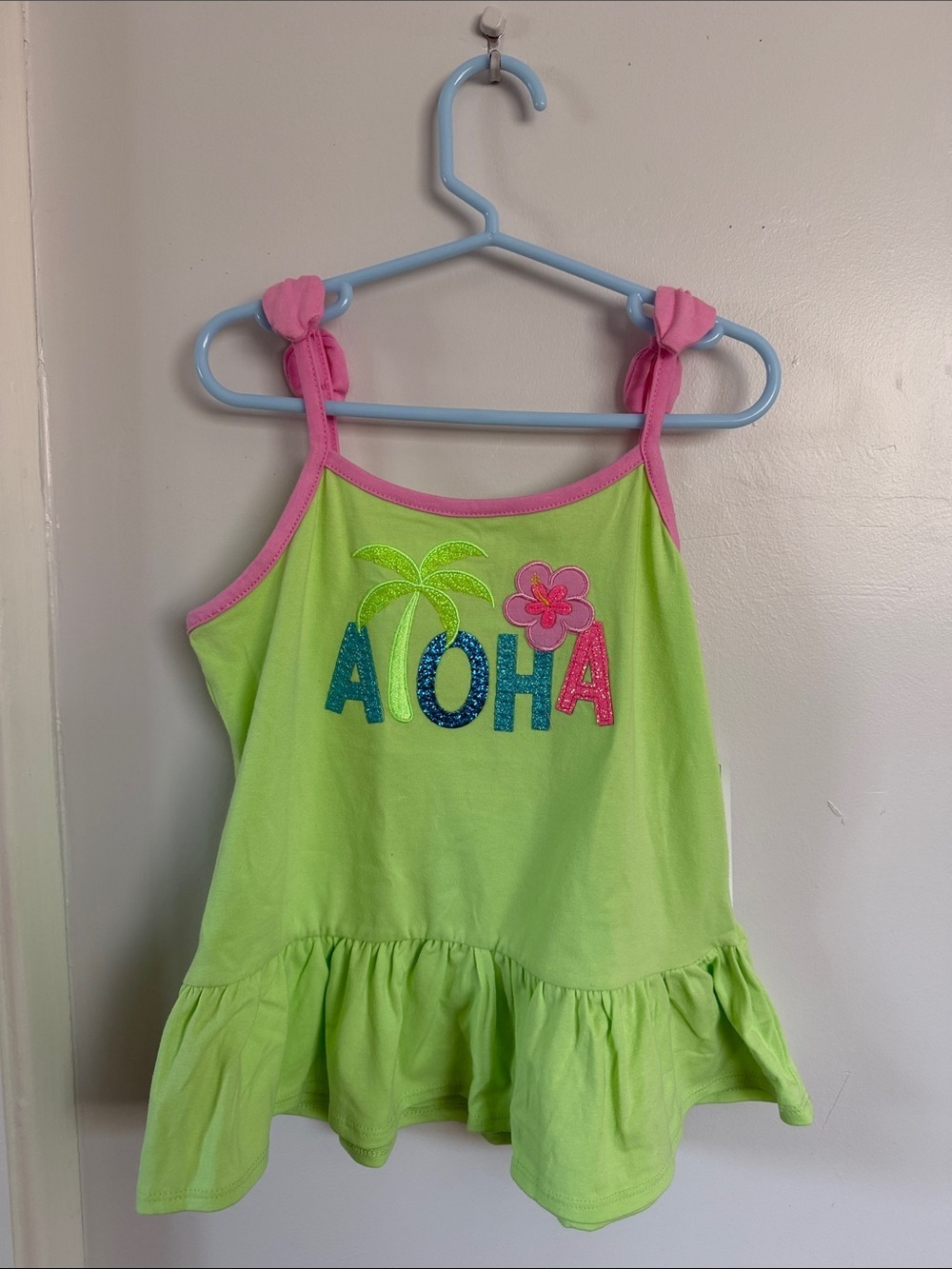 Girls' Aloha Neon Green Tank Top with Pink Trim size 6X
